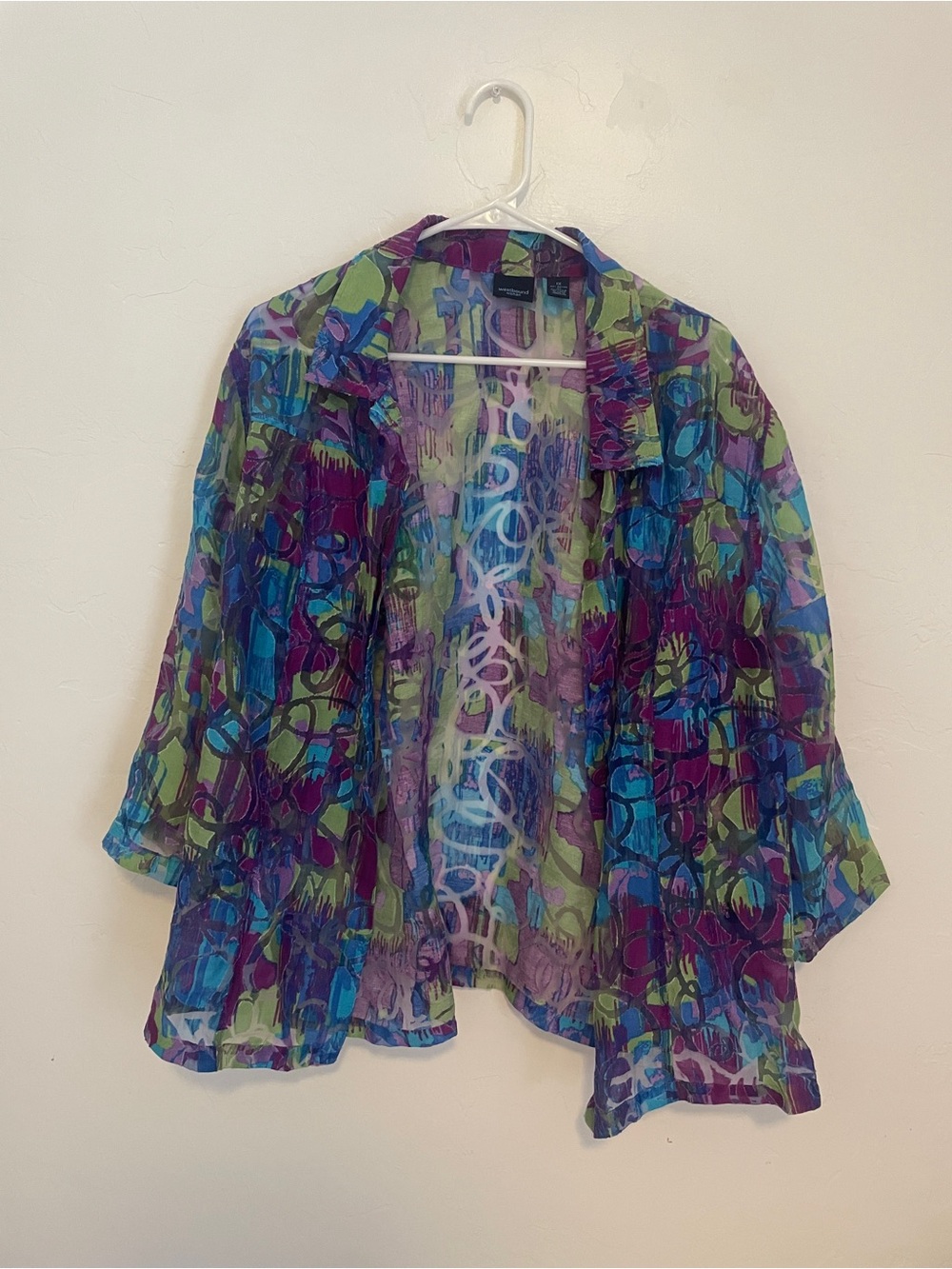 Vintage Sheer Abstract Print Shacket/Blouse - Blue, Green & Purple